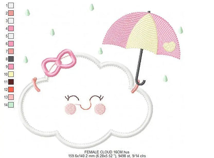 Cloud with happy face embroidery design - Raining cloud with umbrella machine embroidery pattern - Cloud applique file - Instant download Marcia Embroidery