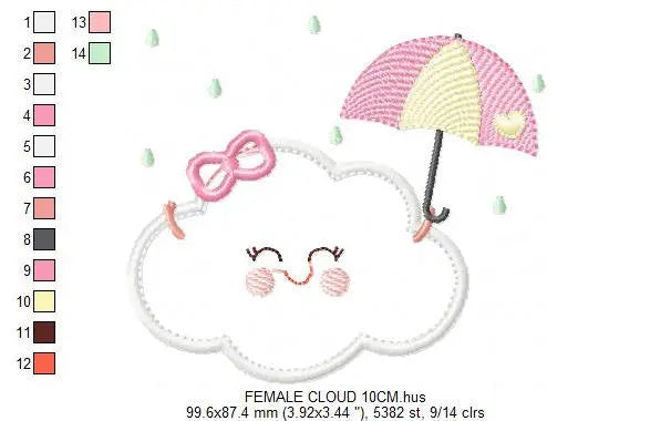 Cloud with happy face embroidery design - Raining cloud with umbrella machine embroidery pattern - Cloud applique file - Instant download Marcia Embroidery