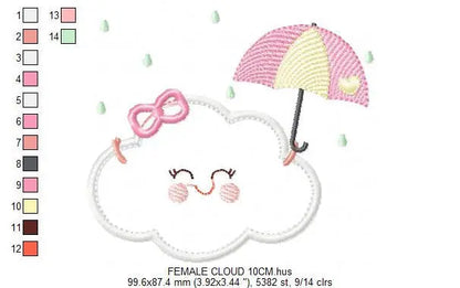 Cloud with happy face embroidery design - Raining cloud with umbrella machine embroidery pattern - Cloud applique file - Instant download Marcia Embroidery