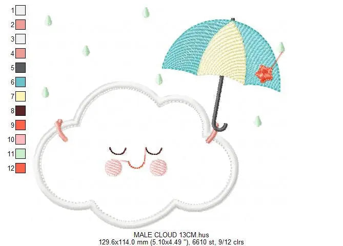 Cloud with happy face embroidery design - Raining cloud with umbrella machine embroidery pattern - Cloud applique file - Instant download Marcia Embroidery