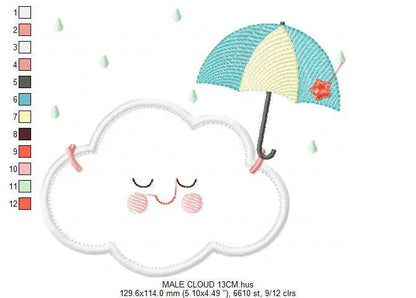 Cloud with happy face embroidery design - Raining cloud with umbrella machine embroidery pattern - Cloud applique file - Instant download Marcia Embroidery