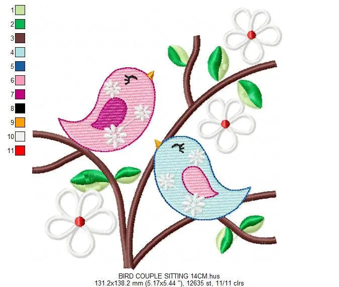 Bird Family embroidery designs - Bird with tree and flowers machine embroidery pattern -  - Cherry blossom tree - Instant download pes jef Marcia Embroidery