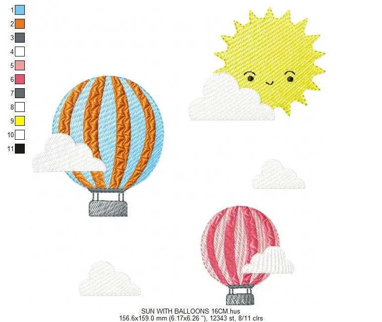 Hot air balloon embroidery design - Balloons with clouds in the sky machine embroidery pattern - Baby Boy and Girl file - Instant download pes jef Marcia Embroidery