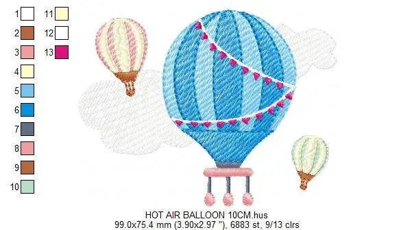 Ballon embroidery designs - Hot air balloon embroidery design machine embroidery pattern - Sky with clouds embroidery - instant download Marcia Embroidery