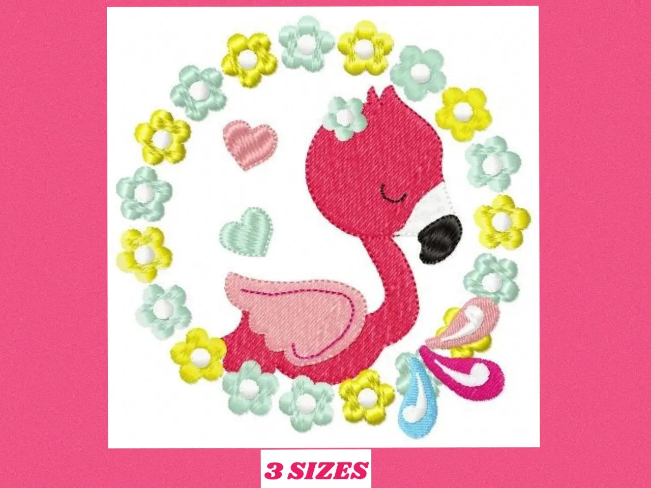 Flamingo embroidery designs - Flower Wreath with hearts machine embroidery pattern - Pink Bird file - Instant digital download pes jef dst Marcia Embroidery