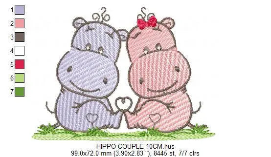 Love Couple Hippo embroidery designs - Valentine Wedding Decoration embroidery design machine embroidery pattern - Instant download pes jef Marcia Embroidery