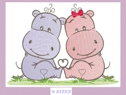 Love Couple Hippo embroidery designs - Valentine Wedding Decoration embroidery design machine embroidery pattern - Instant download pes jef Marcia Embroidery