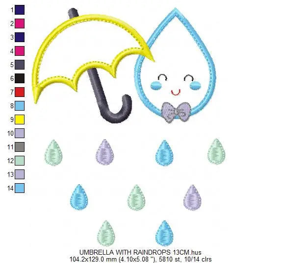 Umbrella with raindrop embroidery design - Rain embroidery design machine embroidery pattern - baby boy embroidery file umbrella applique Marcia Embroidery