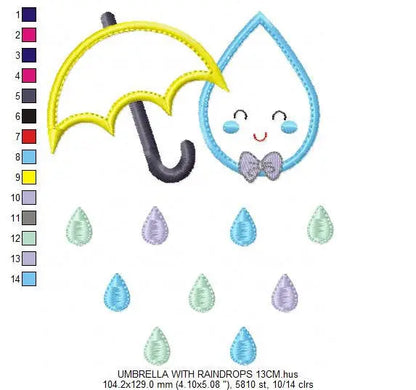 Umbrella with raindrop embroidery design - Rain embroidery design machine embroidery pattern - baby boy embroidery file umbrella applique Marcia Embroidery