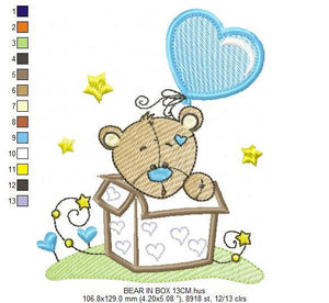 Bear in a box embroidery designs - Teddy with heart balloon embroidery design machine embroidery pattern - Surprise Party - Instant download