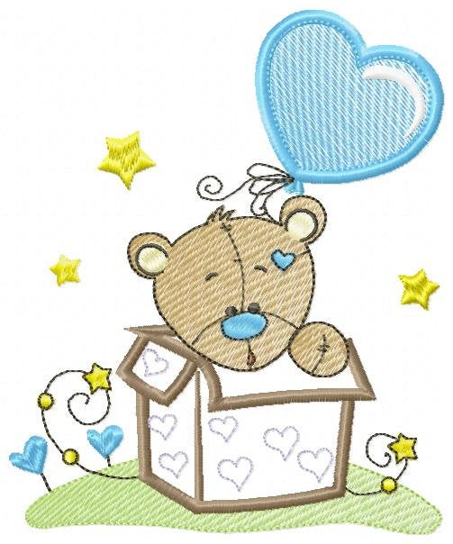 Bear in a box embroidery designs - Teddy with heart balloon embroidery design machine embroidery pattern - Surprise Party - Instant download