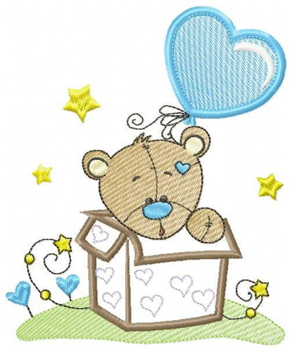 Bear in a box embroidery designs - Teddy with heart balloon embroidery design machine embroidery pattern - Surprise Party - Instant download