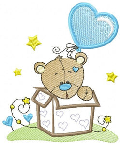 Bear in a box embroidery designs - Teddy with heart balloon embroidery design machine embroidery pattern - Surprise Party - Instant download