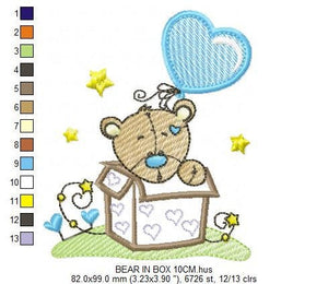 Bear in a box embroidery designs - Teddy with heart balloon embroidery design machine embroidery pattern - Surprise Party - Instant download