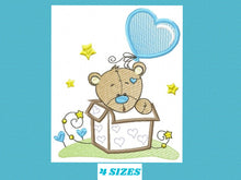 Carica l&#39;immagine nel visualizzatore di Gallery, Bear in a box embroidery designs - Teddy with heart balloon embroidery design machine embroidery pattern - Surprise Party - Instant download
