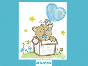 Bear in a box embroidery designs - Teddy with heart balloon embroidery design machine embroidery pattern - Surprise Party - Instant download