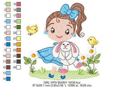 Baby girl embroidery designs - Young girl with rabbit and birds machine embroidery pattern - Girl with bunny file - Instant digital download