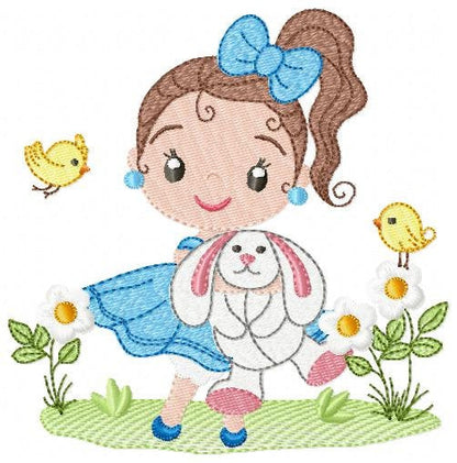 Baby girl embroidery designs - Young girl with rabbit and birds machine embroidery pattern - Girl with bunny file - Instant digital download