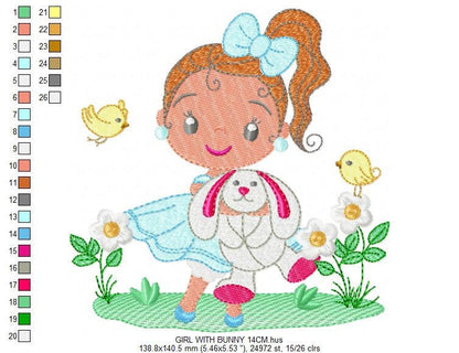 Baby girl embroidery designs - Young girl with rabbit and birds machine embroidery pattern - Girl with bunny file - Instant digital download