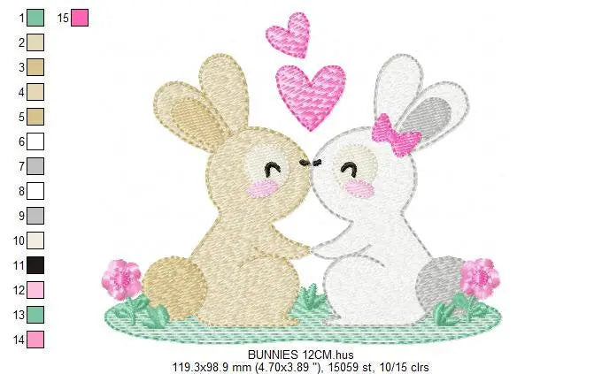 Couple Bunny with hearts embroidery design - Rabbit Fanily Valentines with hearts machine embroidery pattern - Love file - Instant download Marcia Embroidery