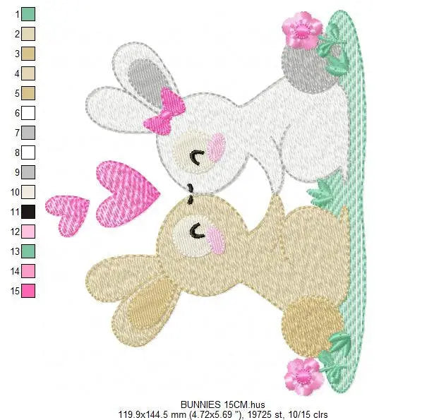 Couple Bunny with hearts embroidery design - Rabbit Fanily Valentines with hearts machine embroidery pattern - Love file - Instant download Marcia Embroidery