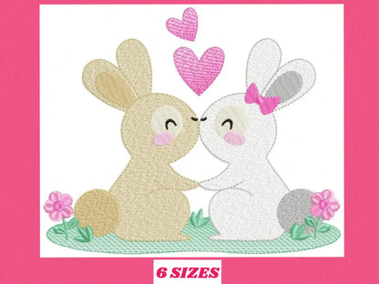 Couple Bunny with hearts embroidery design - Rabbit Fanily Valentines with hearts machine embroidery pattern - Love file - Instant download Marcia Embroidery