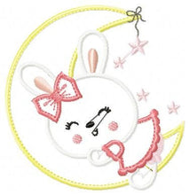 Cargar imagen en el visor de la galería, Sleeping bunny embroidery design - half moon embroidery designs machine embroidery pattern - baby girl embroidery file - rabbit at moon
