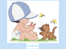 Laden Sie das Bild in den Galerie-Viewer, Boy with cat embroidery design - Baby boy embroidery design machine embroidery pattern - kid embroidery file - instant download digital file
