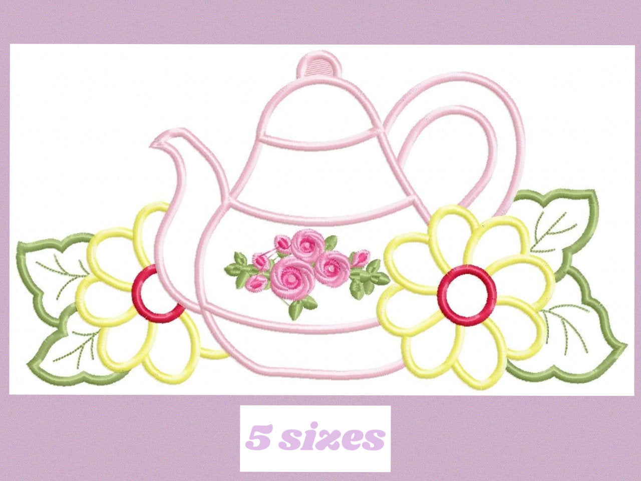 Teapot with flowers applique embroidery design - Kitchen Towel machine embroidery pattern - teakettle Boiler - Instant download pes jef dst