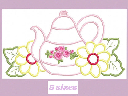 Teapot with flowers applique embroidery design - Kitchen Towel machine embroidery pattern - teakettle Boiler - Instant download pes jef dst