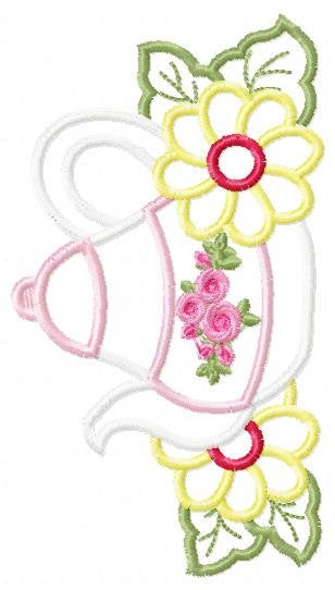 Teapot with flowers applique embroidery design - Kitchen Towel machine embroidery pattern - teakettle Boiler - Instant download pes jef dst