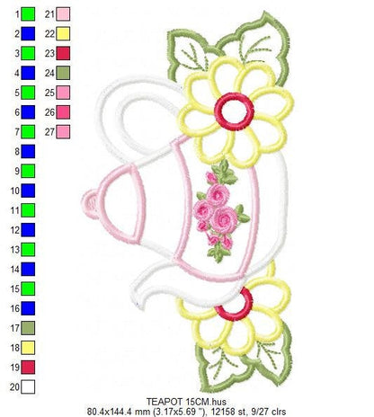 Teapot with flowers applique embroidery design - Kitchen Towel machine embroidery pattern - teakettle Boiler - Instant download pes jef dst