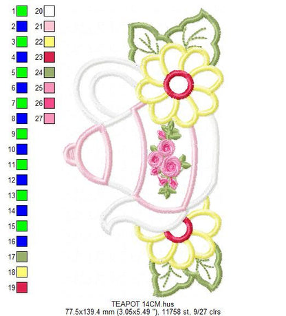 Teapot with flowers applique embroidery design - Kitchen Towel machine embroidery pattern - teakettle Boiler - Instant download pes jef dst