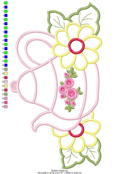 Teapot with flowers applique embroidery design - Kitchen Towel machine embroidery pattern - teakettle Boiler - Instant download pes jef dst