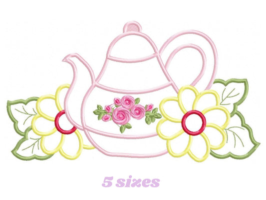 Teapot with flowers applique embroidery design - Kitchen Towel machine embroidery pattern - teakettle Boiler - Instant download pes jef dst