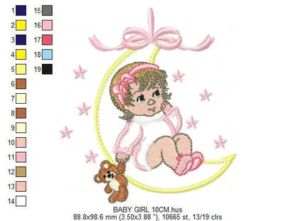 Baby girl embroidery design - Newborn embroidery designs machine embroidery pattern - Moon embroidery file - girl with moon and stars design Marcia Embroidery