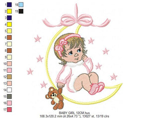 Baby girl embroidery design - Newborn embroidery designs machine embroidery pattern - Moon embroidery file - girl with moon and stars design