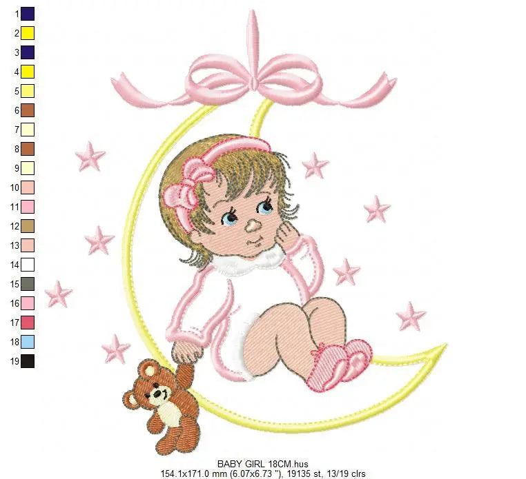 Baby girl embroidery design - Newborn embroidery designs machine embroidery pattern - Moon embroidery file - girl with moon and stars design Marcia Embroidery
