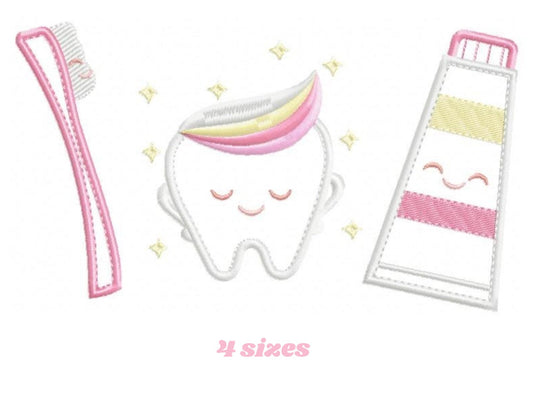 Tooth embroidery designs - Toothpaste machine embroidery pattern - Dental Healthy kit - Toothbrush  applique design - Instant download pes
