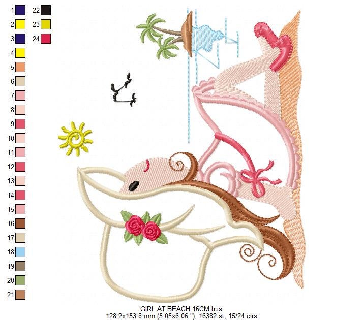 Girl embroidery designs - Woman embroidery design machine embroidery pattern - girl at the beach embroidery file - instant download ocean