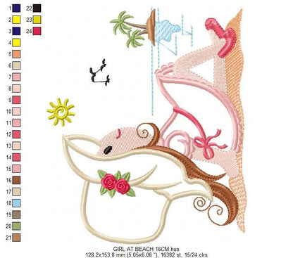 Girl embroidery designs - Woman embroidery design machine embroidery pattern - girl at the beach embroidery file - instant download ocean