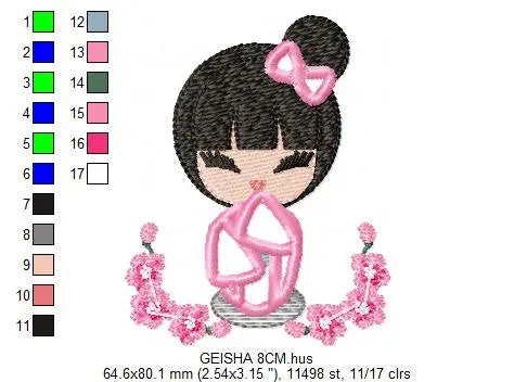 Japanese Geisha embroidery designs - Japanese Girl embroidery design machine embroidery pattern - geisha with flowers embroidery file design Marcia Embroidery