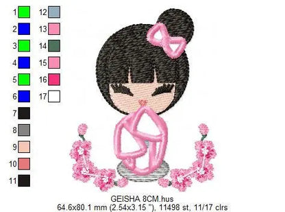 Japanese Geisha embroidery designs - Japanese Girl embroidery design machine embroidery pattern - geisha with flowers embroidery file design Marcia Embroidery