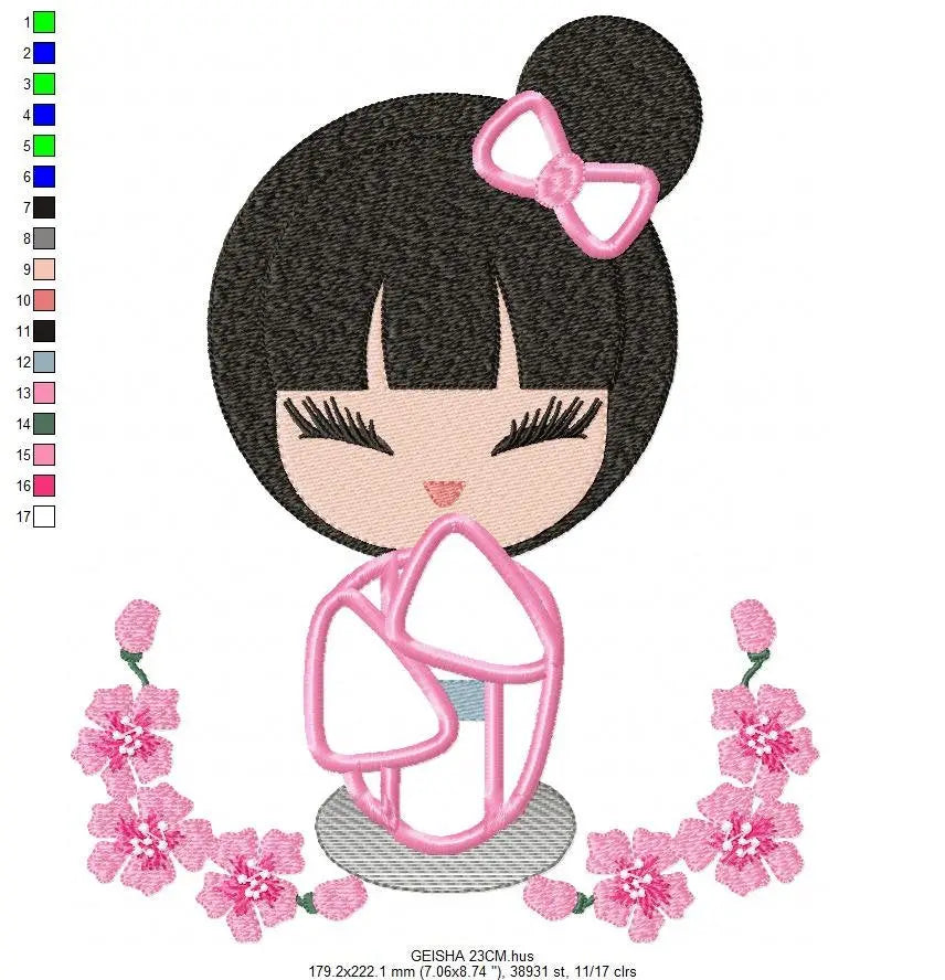 Japanese Geisha embroidery designs - Japanese Girl embroidery design machine embroidery pattern - geisha with flowers embroidery file design Marcia Embroidery