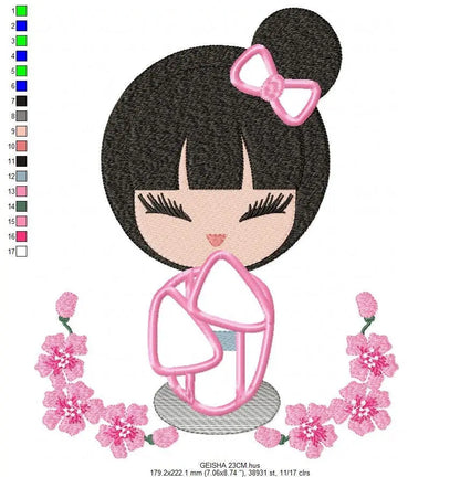 Japanese Geisha embroidery designs - Japanese Girl embroidery design machine embroidery pattern - geisha with flowers embroidery file design Marcia Embroidery