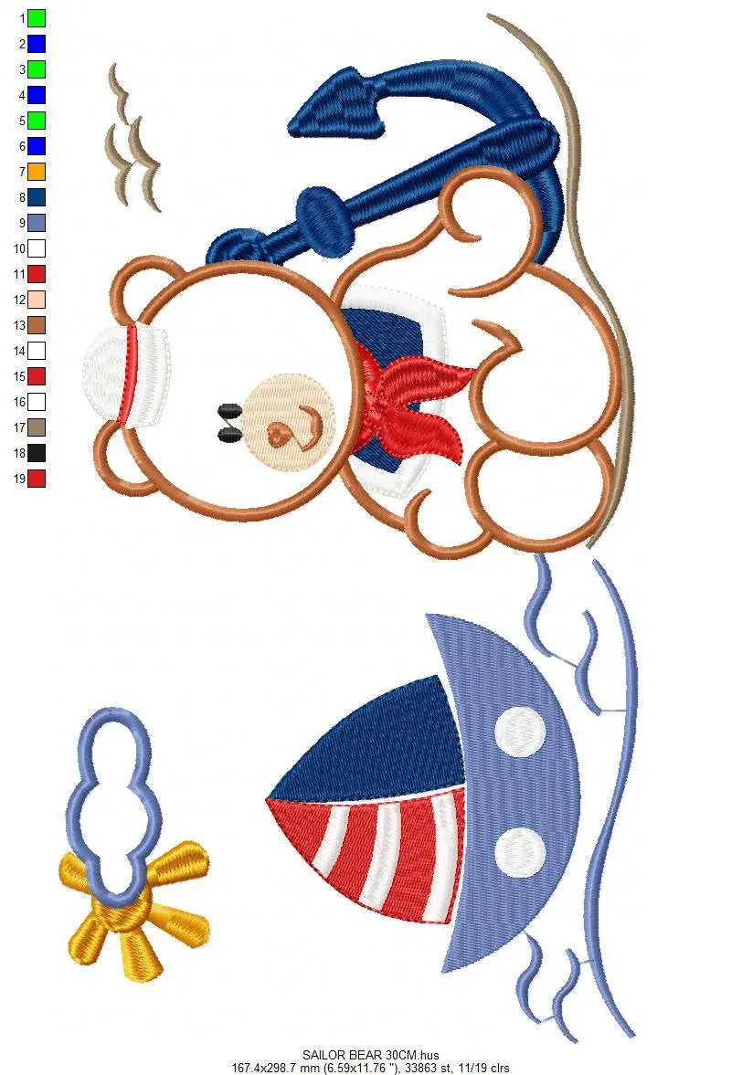 Boat embroidery designs - Sailor Bear with anchor machine embroidery pattern - Sailor bear applique - Teddy Nautical - Instant download pes Marcia Embroidery