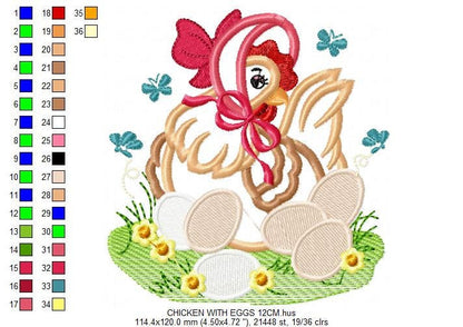 Chicken with eggs embroidery designs - Farm embroidery design machine embroidery pattern - instant download - Kitchen towel embroidery file