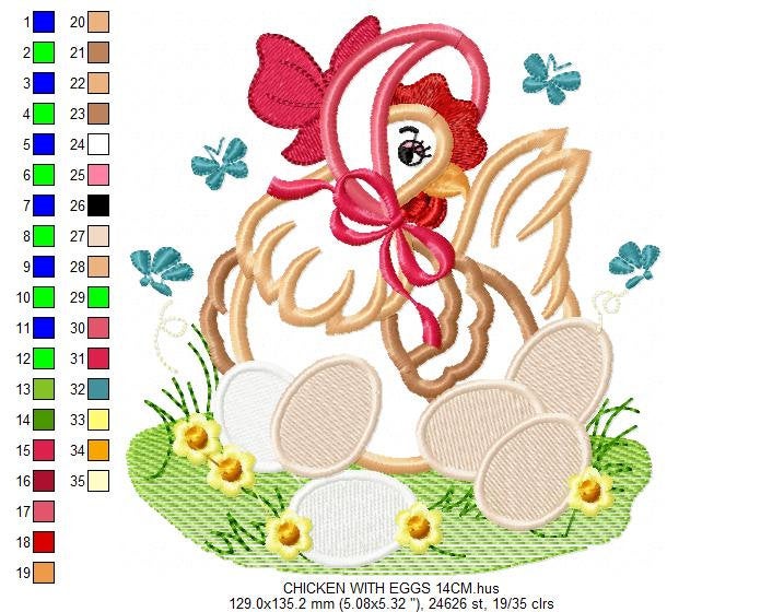 Chicken with eggs embroidery designs - Farm embroidery design machine embroidery pattern - instant download - Kitchen towel embroidery file