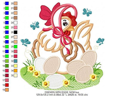 Chicken with eggs embroidery designs - Farm embroidery design machine embroidery pattern - instant download - Kitchen towel embroidery file