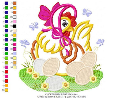 Chicken with eggs embroidery designs - Farm embroidery design machine embroidery pattern - instant download - Kitchen towel embroidery file